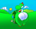  2019 ambiguous_gender anthro big_butt biped butt clothing flower footwear green_body green_yoshi hi_res looking_back mammal mario_bros nintendo nude plant reptile scalie shoes smile solo standing thick_thighs trashdrawy video_games yoshi 