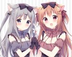  2girls :d amairo_chocolata amamiya_mikuri animal_ear_fluff animal_ears black_bow black_gloves blue_neckwear blush bow breasts brown_hair brown_shirt cat_ears cleavage commentary_request detached_collar detached_sleeves dog_ears frilled_gloves frilled_sleeves frills gloves grey_eyes grey_hair grey_shirt hair_bow hair_ornament hair_ribbon hairclip hazuki_(sutasuta) highres holding_hands long_hair looking_at_viewer multiple_girls neck_ribbon open_mouth purple_eyes red_neckwear red_ribbon ribbon shirt small_breasts smile striped striped_background striped_ribbon two_side_up underbust upper_body vertical-striped_background vertical_stripes yukimura_chieri 
