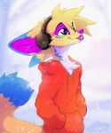 2020 anthro blonde_hair canid canine clothed clothing digital_media_(artwork) fennec fox fur hair hoodie magenta7 male mammal red_clothing red_hoodie red_topwear solo topwear yellow_body yellow_fur 