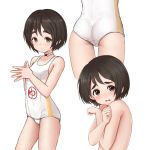 1girl ass bangs black_hair brown_eyes choker contrapposto covering covering_breasts cowboy_shot crossed_arms fingers_together grimace highres kantai_collection kibitarou looking_at_viewer maru-yu_(kantai_collection) multiple_views nude open_mouth petite school_swimsuit short_hair simple_background swimsuit thick_eyebrows thigh_gap upper_body upper_teeth white_background white_choker white_school_swimsuit white_swimsuit 
