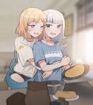  2girls black_panties blonde_hair blue_eyes blue_hair blush cooking domoookamidesu eyebrows_visible_through_hair facial_hair fish_tail food frying_pan gawr_gura holding holding_frying_pan holding_spatula hololive hololive_english hug hug_from_behind indoors kitchen multiple_girls mustache one_eye_closed pancake panties parted_lips shark_tail sharp_teeth spatula standing stove symbol-only_commentary tail teeth underwear upper_body virtual_youtuber watson_amelia yuri 