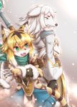  2019 anthro blonde_hair canid canine clothed clothing cute_fangs duo felid feline female fingers fur green_eyes hair hi_res holding_object holding_weapon horokusa0519 inner_ear_fluff mammal open_mouth scarf staff standing tuft weapon white_body white_fur white_hair yellow_body yellow_eyes yellow_fur 