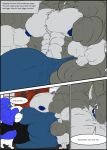  anthro ark_noir_(character) big_muscles bulge comic earpiece fierglief gilwal hi_res huge_muscles hyper hyper_bulge hyper_muscles male muscular nipples sergal size_difference speech_bubble text vein 