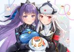  2girls akasaka_asa ash_arms blush breasts cake commentary_request food fruit gloves hair_ornament hat highres kv-1_(ash_arms) looking_at_viewer military military_uniform multiple_girls pancake plate purple_eyes purple_hair red_eyes silver_hair uniform 