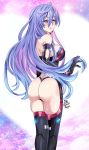  1girl ass bare_shoulders boots breasts elbow_gloves eyebrows_visible_through_hair from_behind gloves hair_between_eyes huge_breasts iris_heart kami_jigen_game_neptune_v leotard long_hair looking_at_viewer looking_back maroonabyss neptune_(series) power_symbol purple_hair red_eyes symbol-shaped_pupils thick_thighs thigh_boots thighhighs thighs 