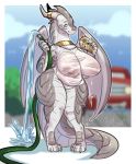  2019 absurd_res anthro big_breasts blue_eyes boxgoat breasts clothing dragon female hi_res holding_object horn hose non-mammal_breasts scalie shirt signature smile solo sponge topwear water wet wet_clothing wet_shirt wet_topwear wings 