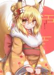  2020 5_fingers accessory ahoge animal_humanoid asian_clothing black_body black_fur blonde_hair canid canid_humanoid canine canine_humanoid clothed clothing cute_fangs east_asian_clothing female fingers fluffy fluffy_tail fox_humanoid fur hair hair_accessory hi_res holding_object horokusa0519 humanoid japanese_clothing long_hair looking_at_viewer mammal mammal_humanoid solo 