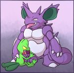  2020 ambiguous_gender anthro balls big_ears border claws digital_media_(artwork) duo erection fellatio feral foot_on_crotch frezgle genitals hand_on_shoulder hi_res horn humanoid_penis long_tail looking_down male male/ambiguous multi_tail nidoking nintendo open_mouth oral penile penis pok&eacute;mon pok&eacute;mon_(species) sex simple_background spikes teeth tongue treecko video_games yellow_eyes 