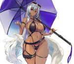  1girl ass_visible_through_thighs beach_umbrella bikini breasts closed_mouth cowboy_shot curvy dark_skin eyewear_on_head highleg highleg_bikini large_breasts long_hair looking_at_viewer navel navel_piercing o-ring o-ring_bikini ookuma_(nitroplus) original piercing red_eyes silver_hair skindentation smile solo sweat swimsuit tattoo thigh_gap umbrella very_long_hair 