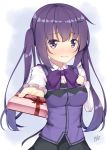  1girl bangs black_skirt box closed_mouth collared_shirt dress_shirt eyebrows_visible_through_hair gift gift_box gochuumon_wa_usagi_desu_ka? hair_between_eyes holding_bow long_hair long_sleeves looking_at_viewer purple_eyes purple_hair purple_neckwear rabbit_house_uniform shiny shiny_hair shirt skirt solo standing tedeza_rize twintails valentine very_long_hair white_background white_shirt win_opz wing_collar 