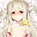  1girl akazawa_red bangs black_gloves blush breasts collarbone commentary_request eyebrows_visible_through_hair fate/kaleid_liner_prisma_illya fate_(series) gloves hair_between_eyes hair_ornament illyasviel_von_einzbern long_hair looking_at_viewer nipples pink_gloves red_eyes small_breasts solo yellow_neckwear 