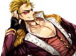  1boy alternate_costume bangs blonde_hair chest epaulettes fate/grand_order fate_(series) highres long_sleeves male_focus muscle napoleon_bonaparte_(fate/grand_order) pectorals sakata_kintoki_(fate/grand_order) sakata_kintoki_rider_(fate/grand_order) simple_background smile solo sunglasses zuman_(zmnjo1440) 