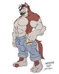  2017 3_toes 4_fingers abs anthro beard beef_stroganov biceps big_muscles black_nose bottomwear brown_hair bulge canid canine canis clothed clothing domestic_dog facial_hair fingers fur hair hand_on_hip husky hybrid jeans looking_at_viewer male mammal multicolored_body multicolored_fur muscular muscular_male nordic_sled_dog pants pecs plantigrade red_body red_fur simple_background smile solidasp solo spitz standing toes topless two_tone_body two_tone_fur white_background white_body white_fur wolf wolfdog 
