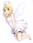  1other angel asanabe bangs bare_shoulders barefoot bike_shorts blonde_hair blue_eyes blush collarbone commentary crimvael dress eyebrows_visible_through_hair feet full_body halo highres ishuzoku_reviewers long_hair looking_at_viewer open_mouth shiny shiny_hair shiny_skin shorts simple_background skindentation solo strapless strapless_dress teeth white_background white_dress wings 