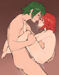  1boy 1girl absurdres breasts brown_background commentary completely_nude cum english_commentary eye_contact gradient gradient_background green_hair hetero highres kenshin187 looking_at_another medium_breasts nude original penis red_eyes red_hair saliva saliva_trail sex short_hair sweat 