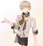  1boy bell black_pants braid hair_bell hair_ornament hand_up highres iori_yuzuru jijiilong looking_at_viewer male_focus neck_bell neck_ribbon one_eye_closed pants platinum_blonde_hair ribbon rope shirt smile solo upper_body voiceroid white_shirt yellow_eyes 