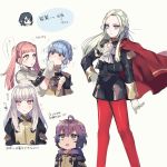  6+girls bernadetta_von_varley blue_eyes blue_hair braid brown_eyes byleth_(fire_emblem) byleth_(fire_emblem)_(female) cape closed_mouth crown_braid edelgard_von_hresvelg fire_emblem fire_emblem:_three_houses garreg_mach_monastery_uniform hair_ribbon highres hilda_valentine_goneril hood hood_down lgw7 long_hair long_sleeves lysithea_von_ordelia marianne_von_edmund multiple_girls pink_eyes pink_hair purple_eyes purple_hair red_cape red_legwear ribbon simple_background smile twintails uniform white_background white_hair 