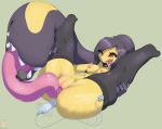  2020 absurd_res anthro bodily_fluids breasts clothing cunnilingus drooling female hair hair_mouth hi_res leggings legwear masc0t361 mawile nintendo nipples open_mouth oral piercing pok&eacute;mon pok&eacute;mon_(species) red_eyes saliva sex sex_toy simple_background solo spread_legs spreading teeth tongue tongue_out tongue_piercing vaginal vibrator video_games 