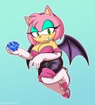  absurd_res alternate_costume amy_rose anthro big_breasts blue_background blue_lipstick boots breasts chaos_emerald cleavage clothed clothing cosplay eulipotyphlan female footwear hedgehog hi_res lipstick looking_at_viewer makeup mammal omegasunburst rouge_the_bat rubber simple_background solo sonic_the_hedgehog_(series) tight_clothing 