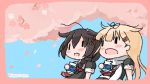  2girls ahoge bangs blonde_hair blush brown_hair cherry_blossoms chibi cup hair_flaps hair_ornament hair_ribbon hairclip holding holding_cup kantai_collection long_hair multiple_girls open_mouth petals red_neckwear remodel_(kantai_collection) ribbon sailor_collar sattsu scarf school_uniform serafuku shigure_(kantai_collection) short_sleeves twitter_username white_scarf yuudachi_(kantai_collection) 