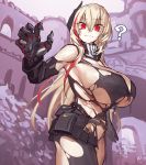  1girl ? blonde_hair blurry blurry_background breasts cleavage cowboy_shot girls_frontline headgear huge_breasts long_hair m4_sopmod_ii_(girls_frontline) mechanical_arm melon22 multicolored_hair prosthesis prosthetic_arm red_eyes revealing_clothes ruins smile solo torn_clothes 