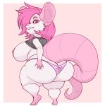  anthro big_breasts big_butt big_tail breasts butt digital_media_(artwork) female hair hi_res huge_breasts huge_butt looking_at_viewer looking_back mammal mouse mr.pink murid murine nipples pink_hair rodent short_stack simple_background solo thick_thighs white_body wide_hips 