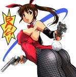  1girl aiming_at_viewer animal_ears armpits ass bangs bare_shoulders bow bowtie breasts brown_hair bunny_ears bunny_girl bunnysuit commentary_request detached_collar dual_wielding fake_animal_ears fishnet_legwear fishnets gun handgun holding holding_gun holding_weapon leotard long_hair medium_breasts medium_hair open_mouth original pantyhose purple_eyes red_bow red_leotard red_neckwear revolver sideboob speech_bubble standing strapless strapless_leotard thighs weapon yuya 