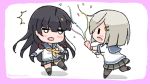  2girls bangs black_hair blush border chibi confetti gloves grey_skirt hair_ornament hair_ribbon hairclip hamakaze_(kantai_collection) isokaze_(kantai_collection) kantai_collection long_hair long_sleeves multiple_girls open_mouth pantyhose party_popper pink_border pleated_skirt ribbon sailor_collar sattsu school_uniform serafuku short_hair short_sleeves silver_hair simple_background skirt thighhighs tress_ribbon twitter_username white_background white_gloves yellow_neckwear 