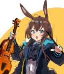  1girl absurdres amiya_(arknights) animal_ears arknights bangs black_jacket blue_eyes blush bow_(instrument) brown_hair bunny_ears hair_between_eyes highres holding holding_instrument instrument jacket jewelry long_hair long_sleeves looking_at_viewer open_clothes open_jacket open_mouth ring simple_background smile solo thumb_ring togo_(korlsj1235) upper_body very_long_hair violin yellow_background 