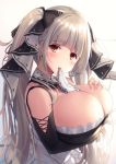  1girl arm_under_breasts azur_lane bangs bare_shoulders black_dress blonde_hair blush breasts cleavage dress eyebrows_visible_through_hair formidable_(azur_lane) frilled_dress frills green_hair grey_hair hair_ribbon hand_on_own_chest head_tilt highres large_breasts liya long_hair long_sleeves looking_at_viewer mouth_hold multicolored_hair red_eyes red_hair ribbon solo streaked_hair twintails two-tone_dress two-tone_ribbon very_long_hair 