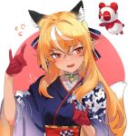  1girl \n/ alternate_costume animal_costume animal_ear_fluff animal_ears bangs blonde_hair checkered dark_skin double_\n/ elf eyebrows_visible_through_hair floral_print gloves hair_between_eyes hair_ornament highres hololive japanese_clothes kintsuba_(flare_channel) panda_costume pointy_ears red_eyes red_gloves shiranui_flare tail virtual_youtuber yomosaka 