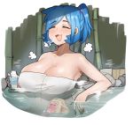  1girl bare_shoulders blue_hair blue_nails blush breasts cleavage closed_eyes collarbone eyebrows_visible_through_hair facing_viewer highres large_breasts mole mole_on_breast monkey naked_towel open_mouth original raban2950 short_hair short_ponytail smile solo towel yellow_nails 