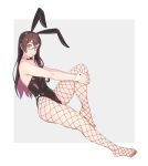  1girl animal_ears black_hair black_leotard black_neckwear bow bowtie breasts bunny_ears bunnysuit collarbone commentary_request detached_collar fake_animal_ears fishnet_legwear fishnets glasses grey_background hairband highres kantai_collection leotard long_hair looking_at_viewer no_shoes ooyodo_(kantai_collection) pantyhose semi-rimless_eyewear simple_background small_breasts smug solo strapless strapless_leotard under-rim_eyewear wrist_cuffs yuuji_(and) 
