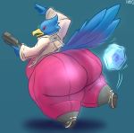  absurd_res anthro avian beak belly big_butt blue_body blue_feathers butt clothed clothing falco_lombardi feathers gun hi_res holding_object holding_weapon huge_butt male nintendo obese obese_male on_one_leg open_beak open_mouth overweight overweight_male ranged_weapon rear_view solo standing star_fox thick_thighs tubbytiger video_games weapon wide_hips 