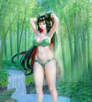  1girl adjusting_hair animal_ears azibuda black_hair bra forest green_bra green_panties highres imaizumi_kagerou long_hair looking_at_viewer multicolored_hair nature panties red_eyes red_hair slit_pupils solo stream tail touhou two-tone_hair underwear very_long_hair water wolf_ears wolf_tail 