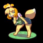  2019 animal_crossing anthro barefoot big_breasts black_background black_nose blonde_hair blue_eyes bottomwear breasts canid canine canis clothing collar darksquared domestic_dog female fur grass hair hi_res isabelle_(animal_crossing) leaning leaning_forward mammal nintendo nipple_outline simple_background skirt smile solo tan_body tan_fur toy_dog video_games 