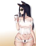  1girl absurdres animal_ears arknights ass_visible_through_thighs bare_shoulders black_hair breasts choker cowboy_shot cup disposable_cup dobermann_(arknights) dog_ears drinking drinking_straw highres holding holding_cup long_hair looking_to_the_side medium_breasts mole mole_under_eye no_bra off-shoulder_shirt off_shoulder panties see-through shirt side-tie_panties sidelocks simple_background solo sunglasses underwear wenzheng147 white_background white_choker wide_hips 