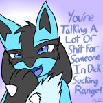  1:1 canid canine canis dialogue digital_media_(artwork) english_text eyebrows fur gyrodraws jackal looking_at_viewer lucario male mammal nintendo pok&eacute;mon pok&eacute;mon_(species) raised_eyebrow simple_background smug solo text video_games 