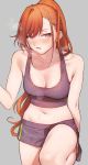  1girl arisugawa_natsuha bangs bare_shoulders blush breasts breath brown_eyes cleavage collarbone eyelashes grey_background highres idolmaster idolmaster_shiny_colors ikarin leg_up long_hair medium_breasts navel open_mouth orange_hair shorts simple_background solo sports_bra sportswear stomach sweat 