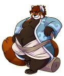 accessory ailurid alpha_channel anthro belly brown_body brown_fur chub-united claws clothed clothing footwear fur hammer hand_on_hip headband hi_res leaning male mammal moobs orange_body orange_fur overweight overweight_male red_panda sandals simple_background smile solo step_pose thick_thighs toe_claws tools transparent_background 