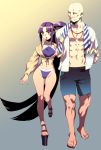  1boy 1girl abs absurdly_long_hair bald barefoot black_sclera blue_eyes blush breasts couple cup disposable_cup eyebrows_visible_through_hair facial_hair fate/grand_order fate_(series) forehead front-tie_top geta goatee height_difference hetero highres jewelry long_hair long_sleeves medium_breasts musashibo_benkei_(fate/grand_order) muscle navel necklace open_clothes open_shirt pearl_necklace purple_eyes purple_swimsuit rokkotsu shorts side_bun side_ponytail single_strap swimsuit tengu-geta thigh_gap towel towel_around_neck ushiwakamaru_(fate/grand_order) very_long_hair walking 