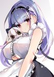  1girl apron azur_lane bangs bare_shoulders black_hairband blush breasts dido_(azur_lane) doll earrings eyebrows_visible_through_hair frills hairband holding holding_doll jewelry large_breasts long_hair looking_at_viewer purple_hair red_eyes ry_thae sleeveless solo underboob underboob_cutout waist_apron white_apron 