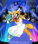  aggressive_retsuko ailurid anthro breasts cleavage clothed clothing dress female fur glowing glowing_eyes hi_res mammal open_mouth red_panda retsuko rubykila sanrio solo stage tongue tongue_out wedding_dress white_eyes 