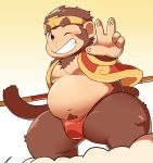  12beat13 2016 anthro asian_clothing belly blush brown_body brown_fur bulge clothing east_asian_clothing fundoshi fur haplorhine humanoid_hands japanese_clothing kemono male mammal monkey navel one_eye_closed overweight overweight_male primate pubes solo underwear wink 