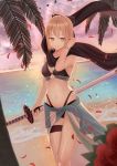  1girl ahoge armpits bangs beach bikini bird black_bikini black_bow black_scarf blonde_hair bow bracelet breasts cleavage closed_mouth cloud collarbone evening fate/grand_order fate_(series) flower hair_bow hand_on_ear hand_up holding holding_sword holding_weapon jewelry katana leaf legband looking_at_viewer medium_breasts navel ocean okita_souji_(fate)_(all) okita_souji_(swimsuit_assassin)_(fate) outdoors palm_tree petals pink_sky red_flower scarf short_hair sky smile solo standing sunset swimsuit sword teruru0321 tree water weapon yellow_eyes 