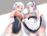  2girls apron ass_visible_through_thighs azur_lane bangs bare_shoulders black_hairband black_skirt blunt_bangs blush braid breast_curtains breasts center_frills china_dress chinese_clothes clothes_lift commentary_request cowboy_shot dido_(azur_lane) dress earrings eyebrows_visible_through_hair garter_straps groin hair_between_eyes hair_ornament hairband highres jewelry large_breasts lifted_by_self long_hair looking_at_viewer multiple_girls no_panties panties pelvic_curtain petticoat pink_eyes red_eyes revealing_clothes shirt short_hair sidelocks silver_hair sirius_(azur_lane) sirius_(azure_horizons)_(azur_lane) skirt skirt_lift sleeveless sleeveless_shirt standing tatsumiya_kagari thighhighs thighs underboob_cutout underwear waist_apron white_apron white_hair white_legwear white_panties white_shirt 