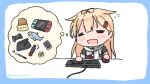  1girl =_= bangs blonde_hair blush cellphone chibi controller cue_ball cue_stick drawing_tablet dualshock food game_console game_controller gamepad hair_flaps hair_ornament hair_ribbon hairclip kantai_collection keyboard_(computer) long_hair mouse_(computer) nintendo_switch open_mouth phone playstation_controller remodel_(kantai_collection) ribbon sailor_collar sattsu scarf school_uniform serafuku simple_background smartphone solo stuffed_animal stuffed_shark stuffed_toy thought_bubble twitter_username white_scarf yuudachi_(kantai_collection) 