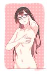  1girl 3: black_hair blue_eyes breasts covering covering_breasts glasses hairband highres kantai_collection long_hair navel nude ooyodo_(kantai_collection) pink_background polka_dot polka_dot_background small_breasts solo yuuji_(and) 