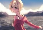  1girl applekun bangs blonde_hair blush breasts camisole cloud commentary_request day from_side green_eyes hair_intakes idolmaster idolmaster_cinderella_girls long_sleeves looking_at_viewer looking_to_the_side miyamoto_frederica mountainous_horizon off-shoulder_sweater off_shoulder outdoors parted_lips red_sweater small_breasts smile solo strap_gap sweater upper_body water 