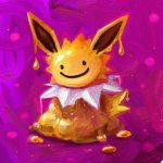  commentary cortoony creature ditto english_commentary gen_1_pokemon jolteon looking_at_viewer melting no_humans pokemon pokemon_(creature) purple_background smile solo transform_(pokemon) transformed_ditto 
